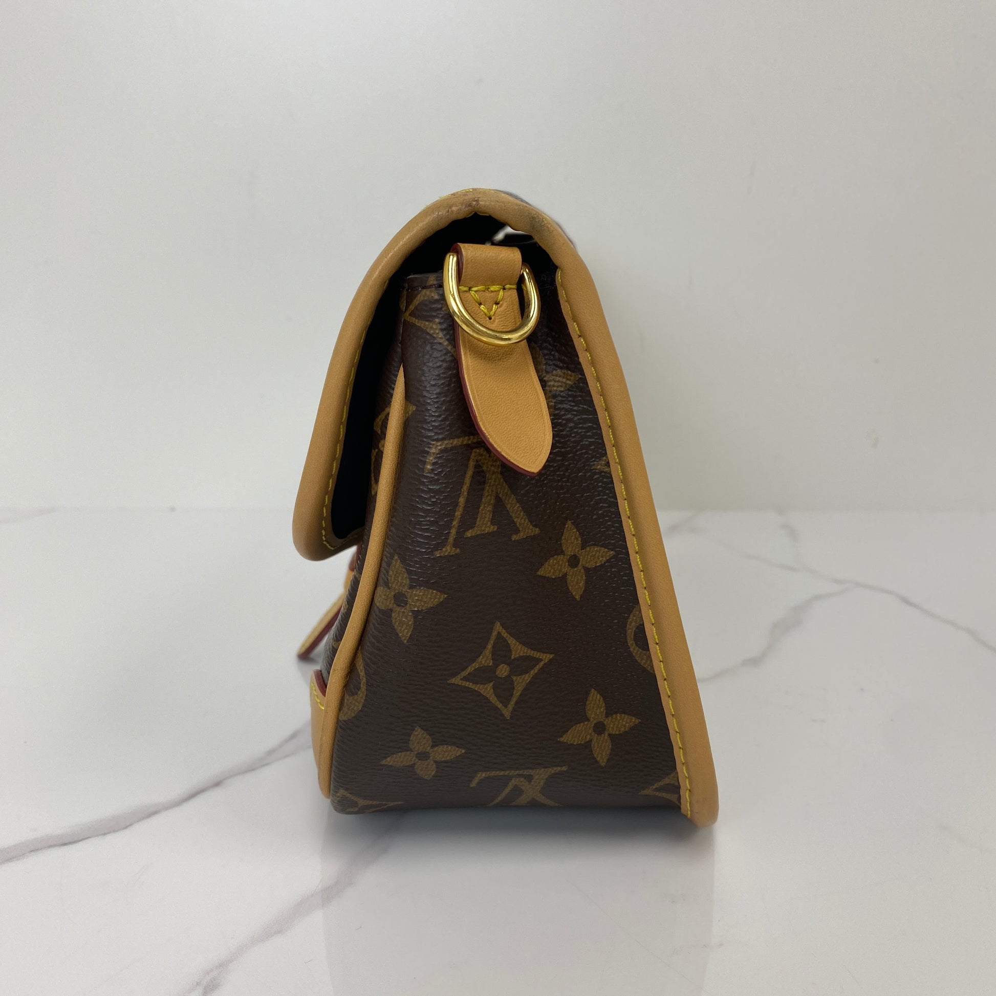 Side profile of the Louis Vuitton Diane showing the Monogram canvas gusset
