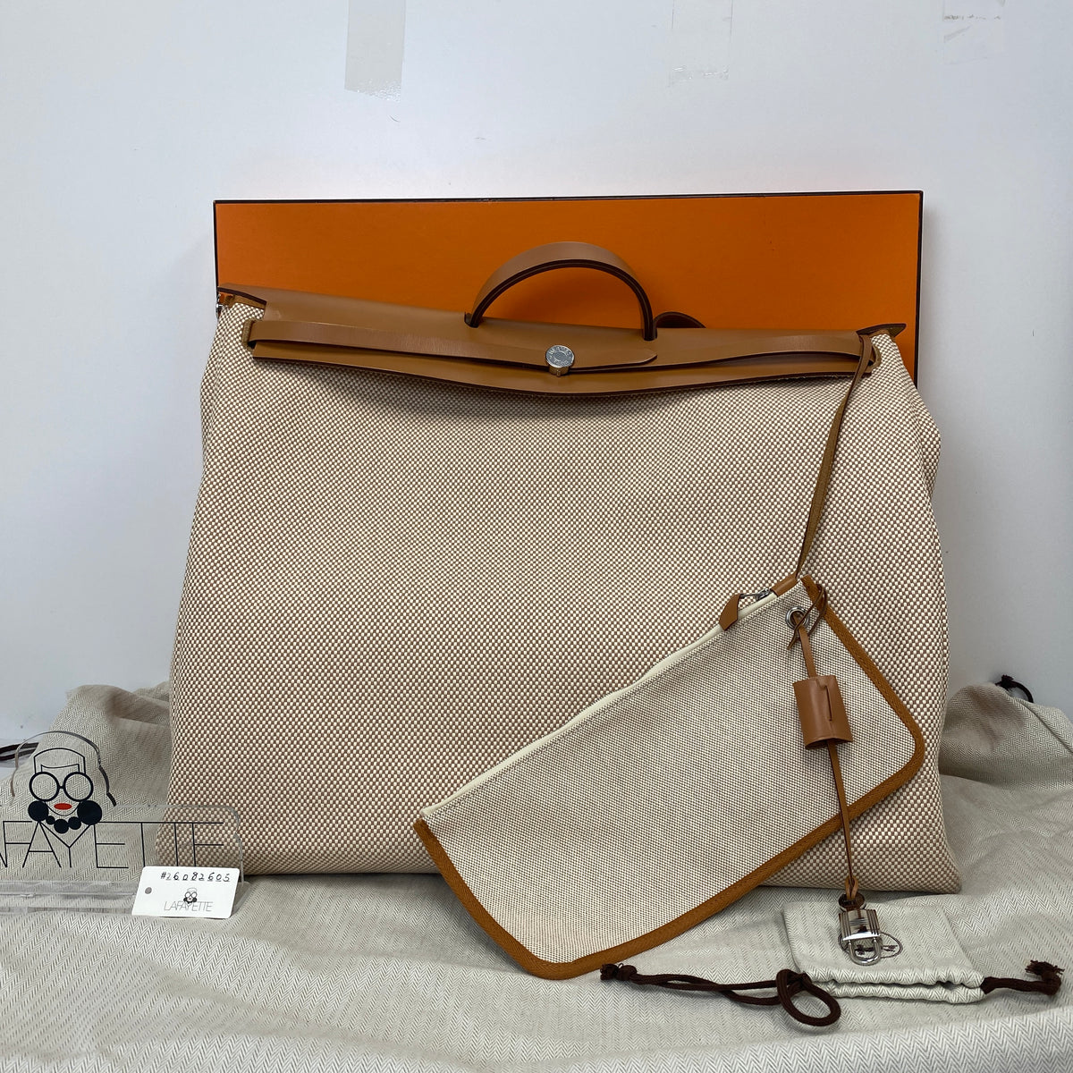 Hermès Herbag Zip Cabine Bag, ecru canvas and natural leather, palladium hardware — detail view 1