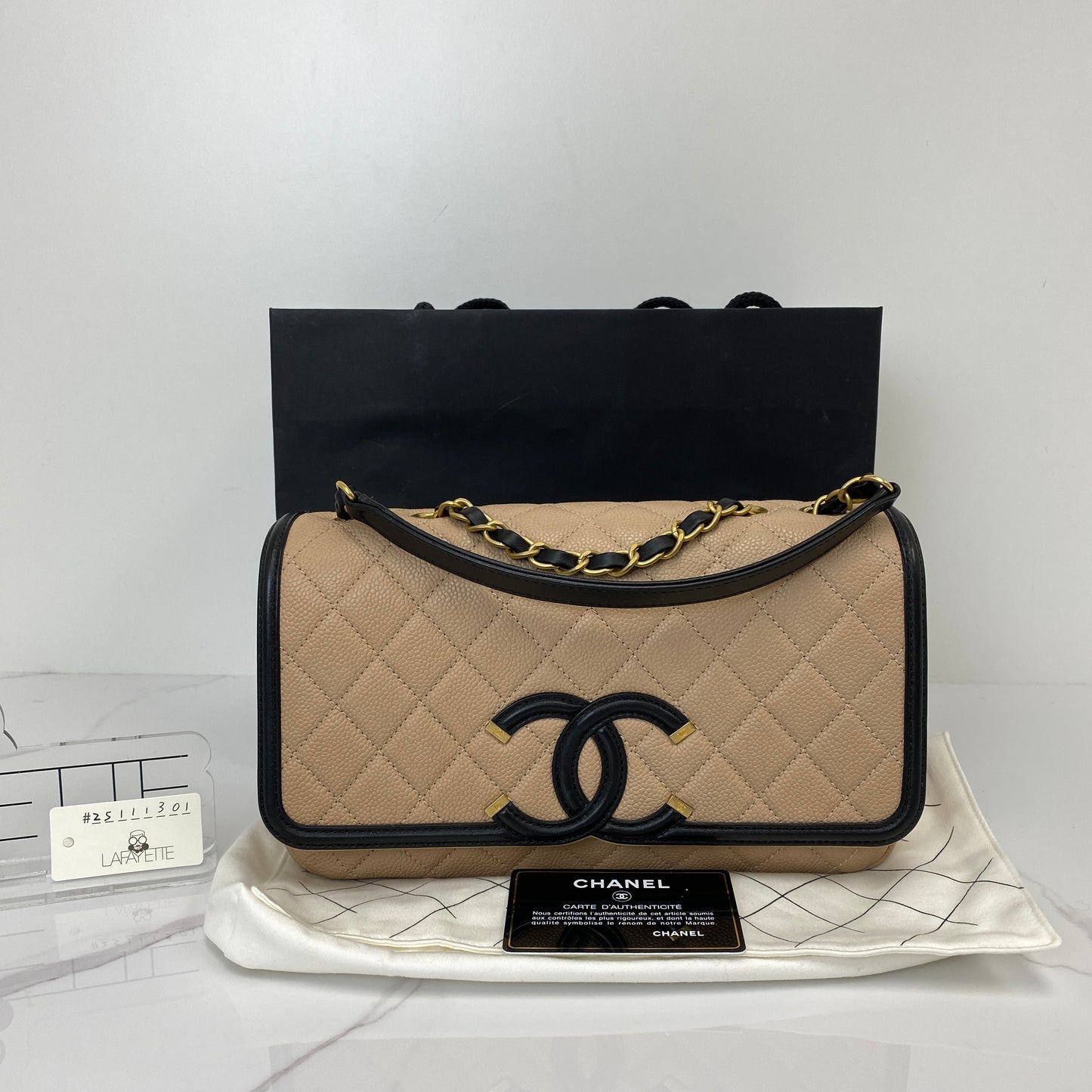 Front view of the Chanel CC Filigree flap bag