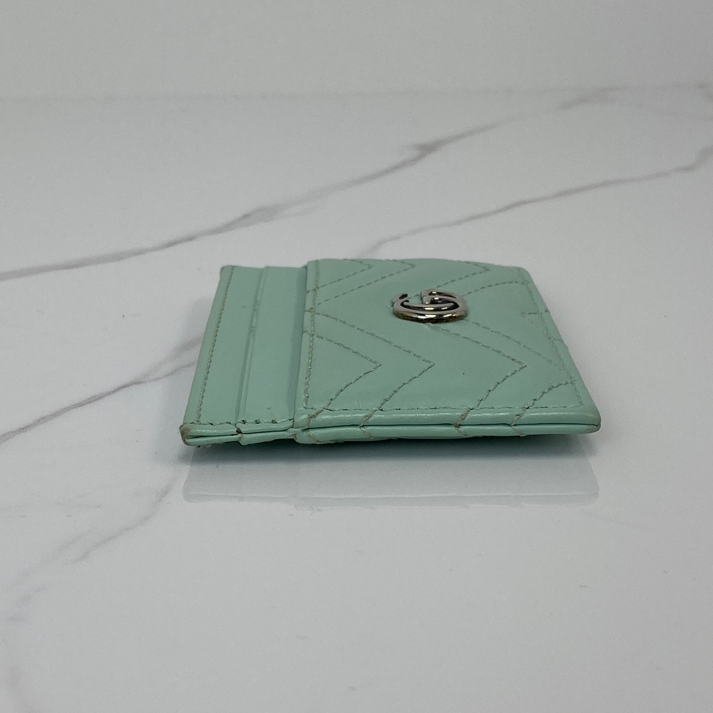 Gucci GG Marmont Card Case, light green calfskin, silver-tone hardware — detail view 3