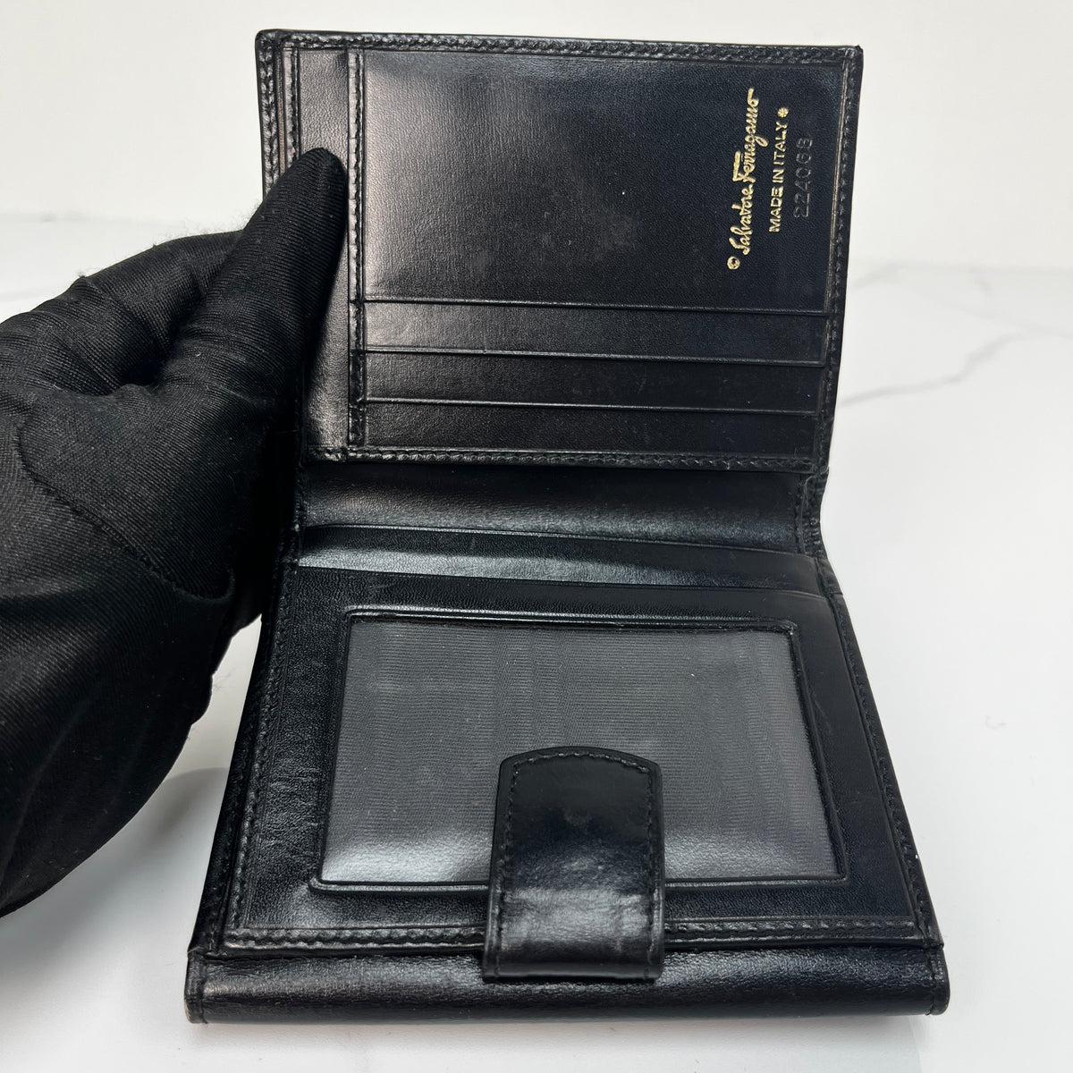 Salvatore Ferragamo Vara Bow Wallet, black calfskin, antique gold-tone Vara bow — detail view 7