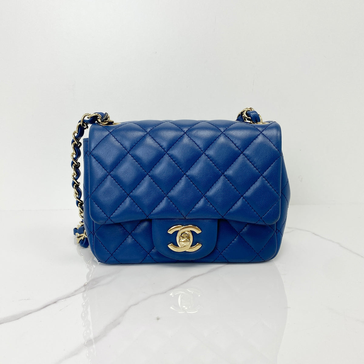 Chanel Classic Mini Square Flap Bag, blue lambskin, gold-tone hardware — front view