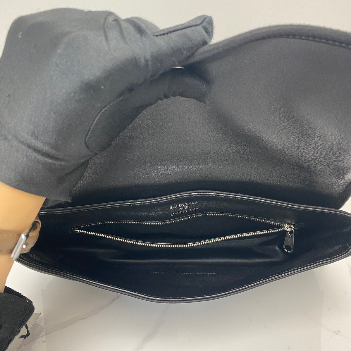 Balenciaga Leopolda Pochette Black, Black Distressed Satin, Silver Tone — detail view 5