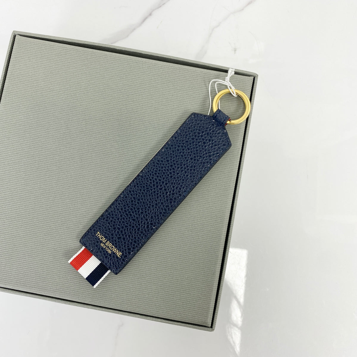 Thom Browne Key Ring, blue, white and red caviar calfskin, gold-tone ring — front view