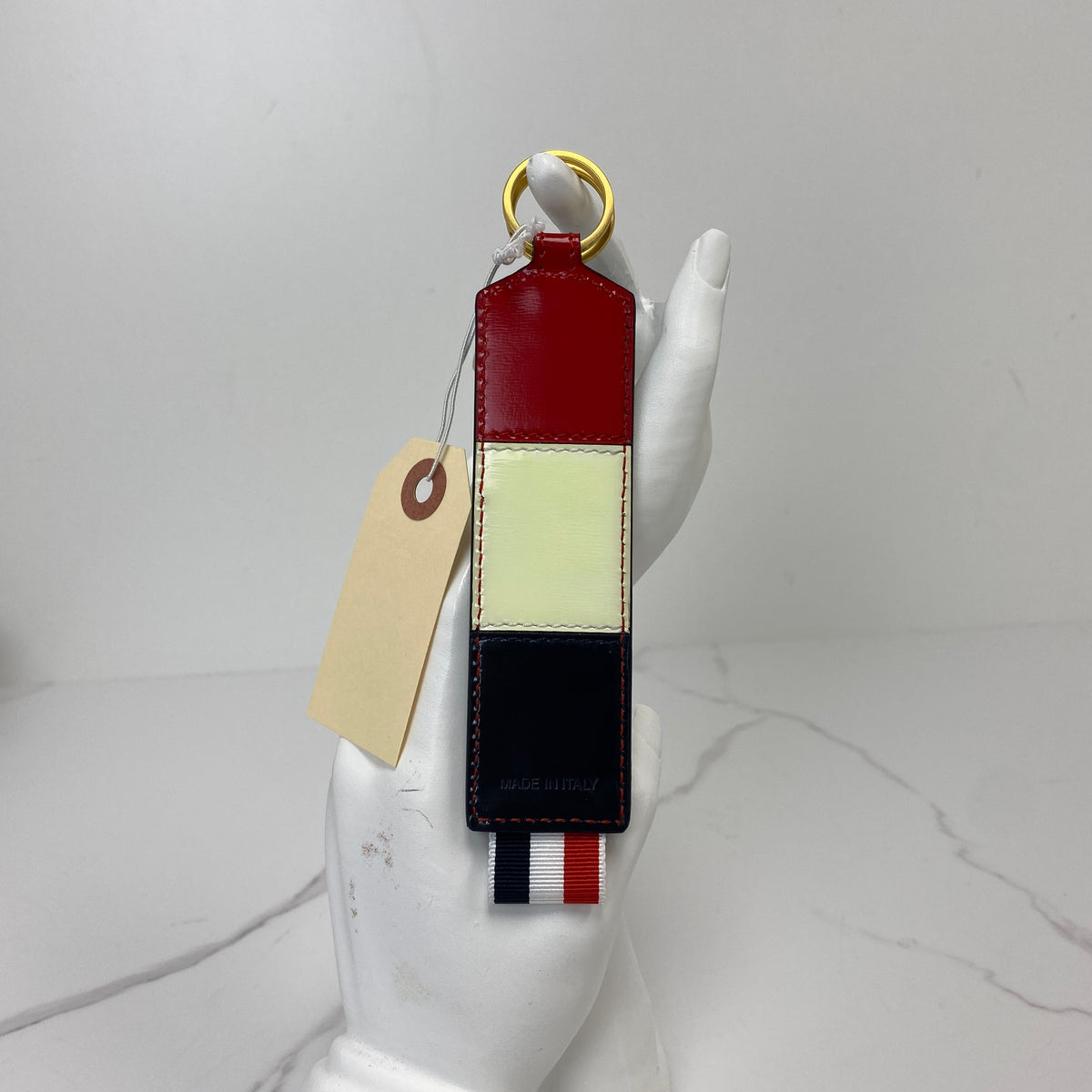 Thom Browne Key Ring, blue, white and red caviar calfskin, gold-tone ring — detail view 3