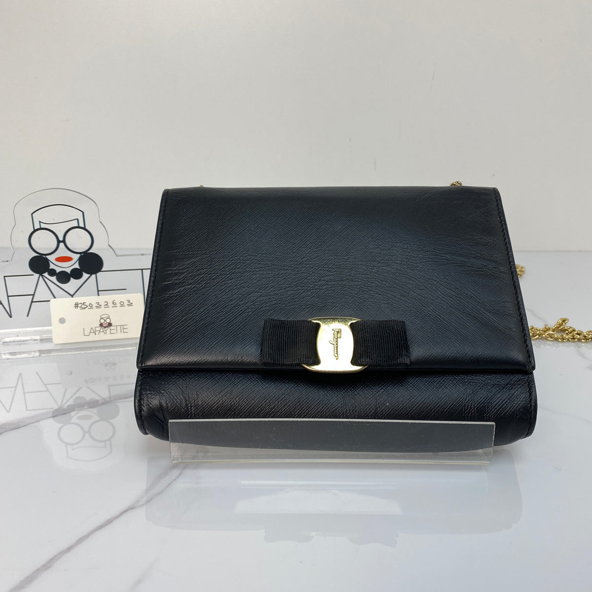 Salvatore Ferragamo Vara Bow Chain Bag, black calfskin, gold-tone Vara bow — detail view 1