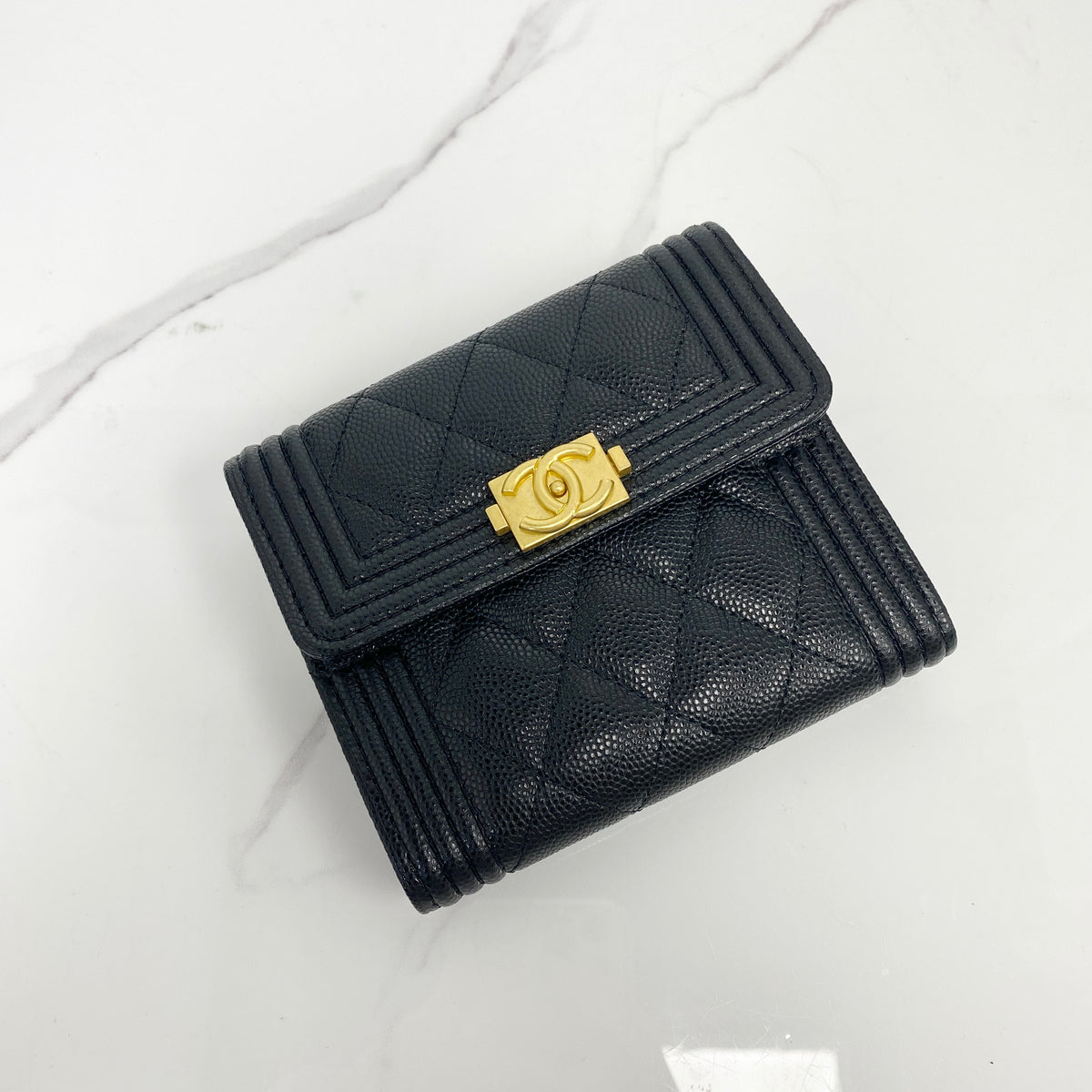 Chanel Boy Small Flap Wallet Black Grained Calfskin, Black Shiny Grained Calfskin, Gold Tone — front view