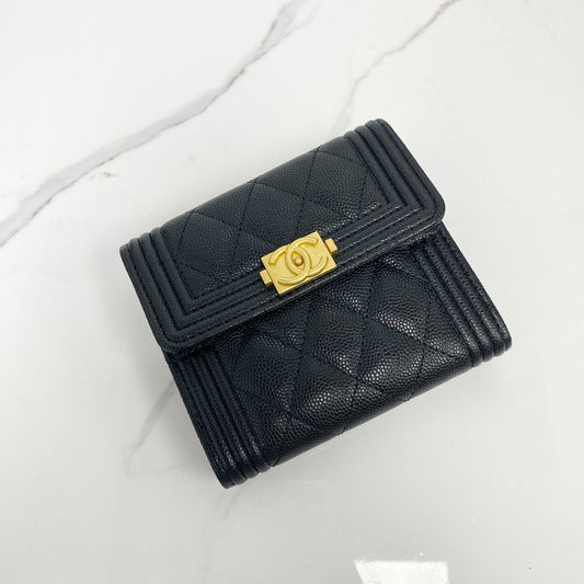 Chanel Boy Small Flap Wallet Black Grained Calfskin, Black Shiny Grained Calfskin, Gold Tone — front view