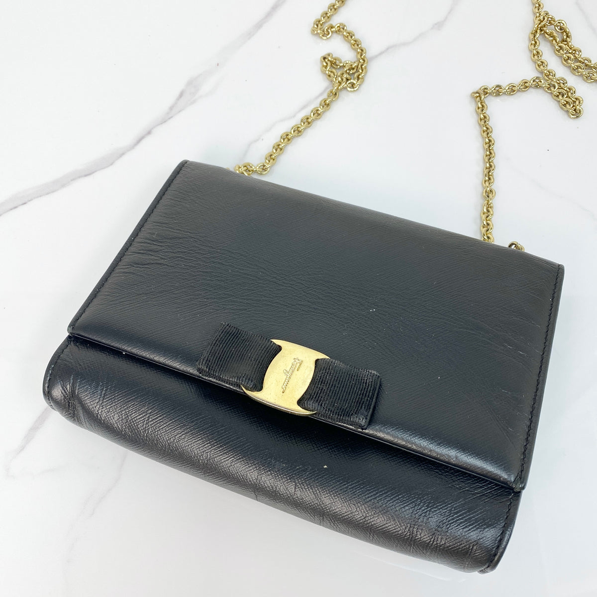 Salvatore Ferragamo Vara Bow Chain Bag, black calfskin, gold-tone Vara bow — front view
