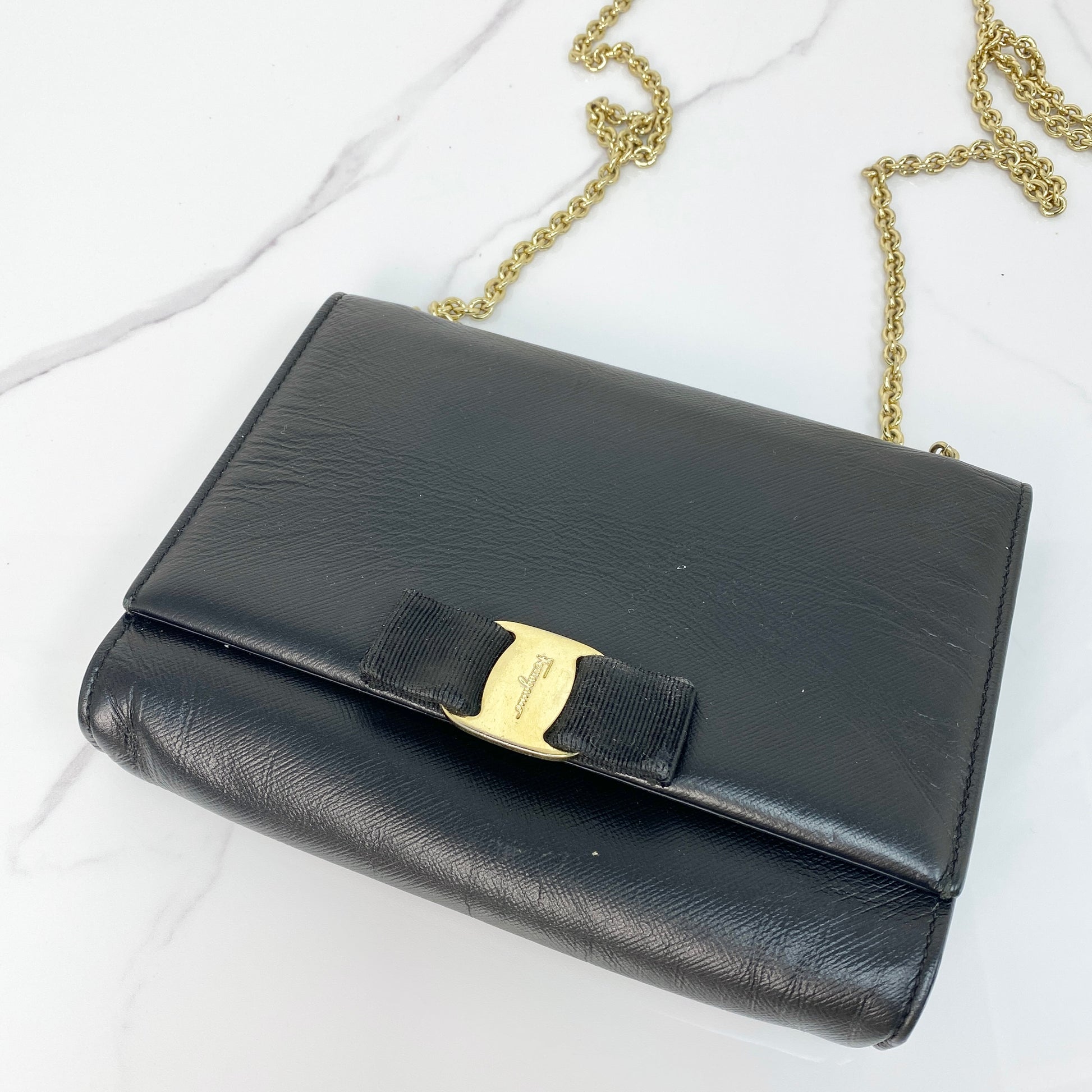 Salvatore Ferragamo Vara Bow Chain Bag, black calfskin, gold-tone Vara bow — front view