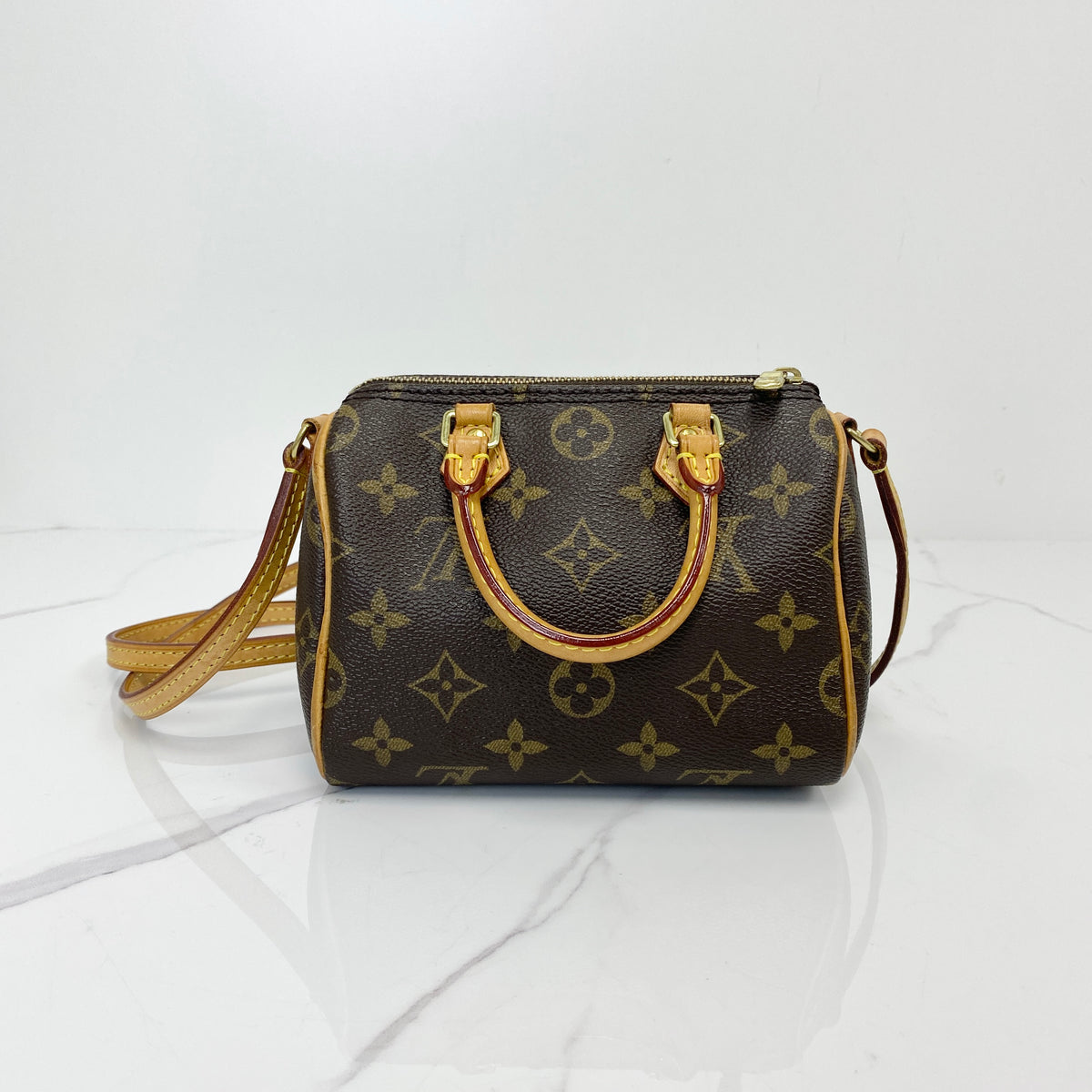 Louis Vuitton Nano Speedy Monogram, Brown Monogram Coated Canvas, Gold Tone — front view