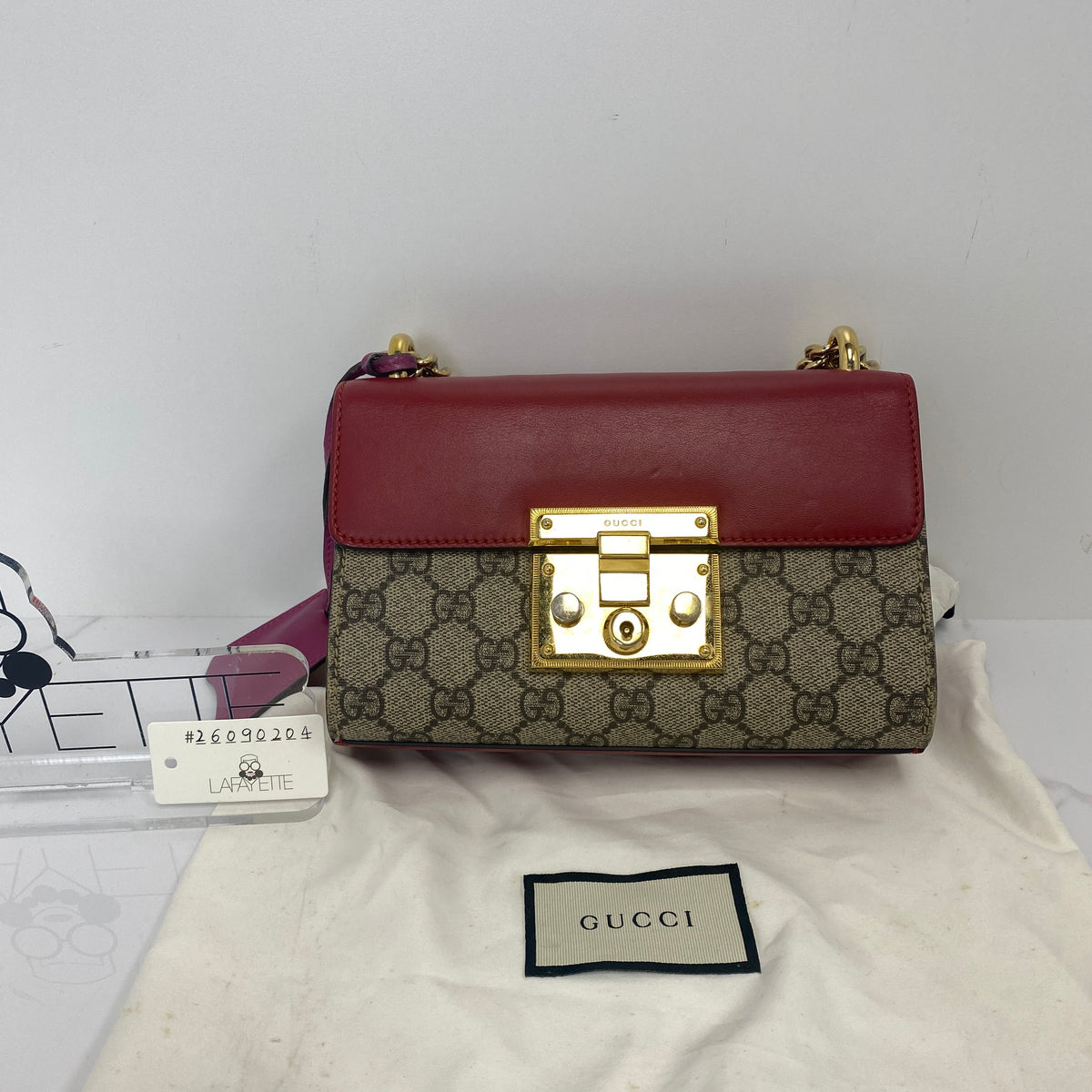 Gucci Padlock Small Shoulder Bag, red leather and GG Supreme canvas, gold-tone padlock — detail view 1