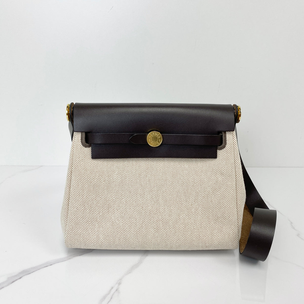 Hermès Mini Herbag, Ebene canvas and Swift calfskin, gold hardware — front view