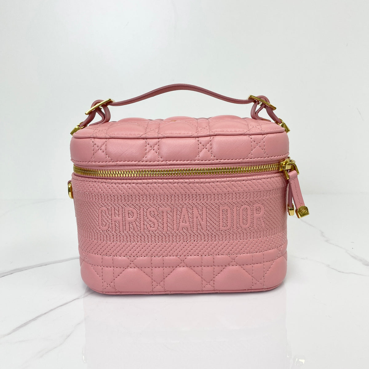 Christian Dior Small DiorTravel Vanity Case with Handle, pink Cannage lambskin, gold-tone hardware — front view