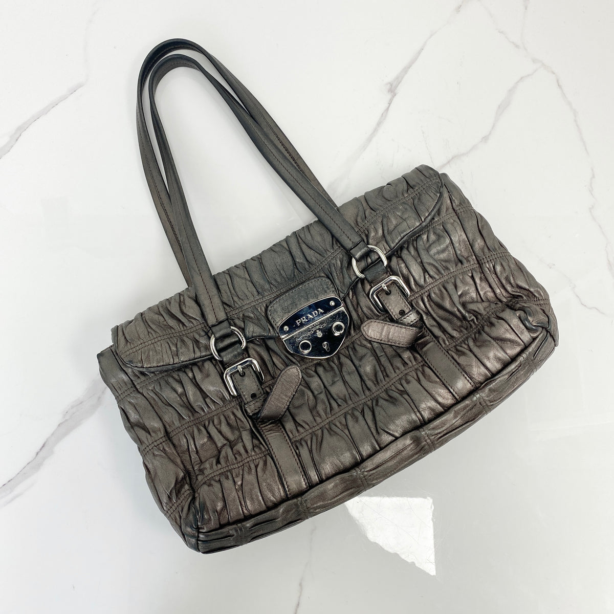 Prada Nappa Leather Shoulder Bag Grey, Grey Nappa Leather, Silver Tone — front view