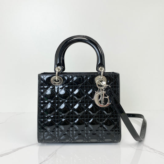 Christian Dior Medium Lady Dior in black patent Cannage calfskin with silver-tone charms