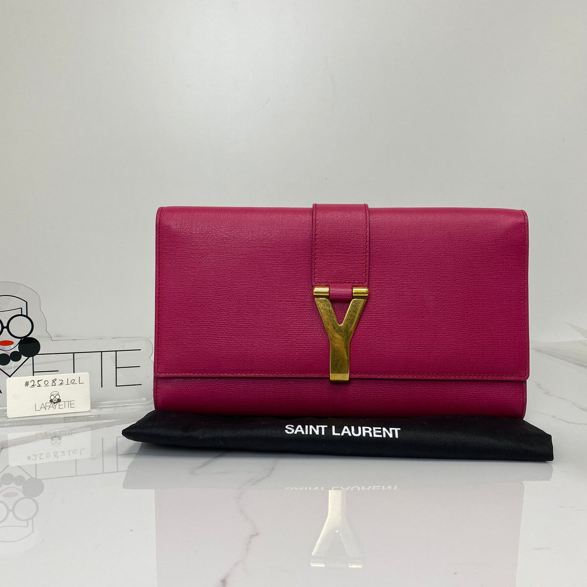 Saint Laurent Y Ligne Clutch, fuchsia pink calfskin, gold-tone Y closure — detail view 1