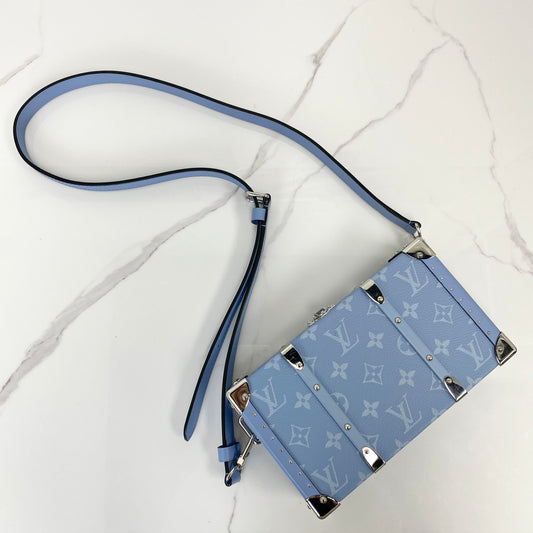 Louis Vuitton Wallet Trunk Taigarama in denim blue Monogram canvas with palladium trunk corners and strap
