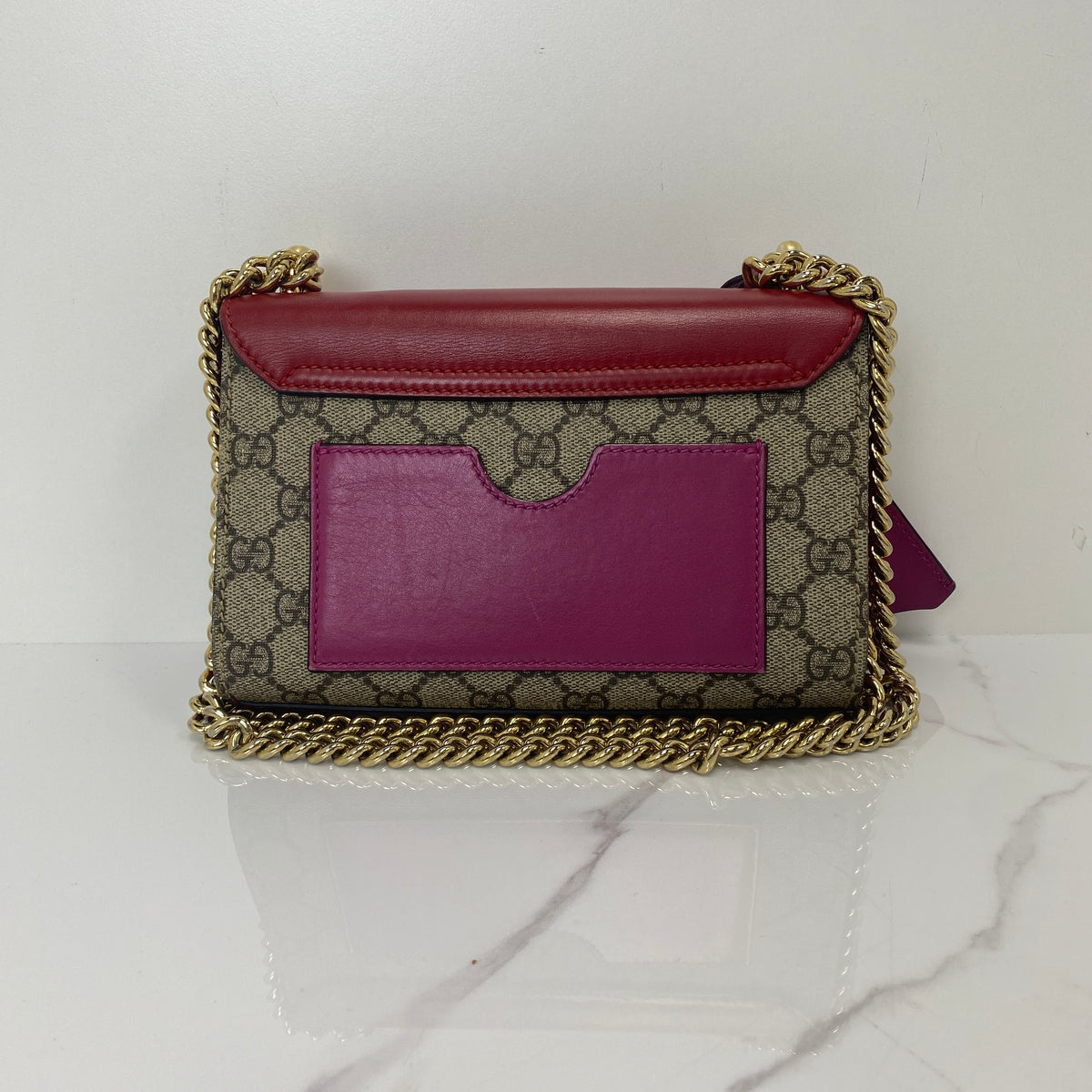 Gucci Padlock Small Shoulder Bag, red leather and GG Supreme canvas, gold-tone padlock — detail view 3