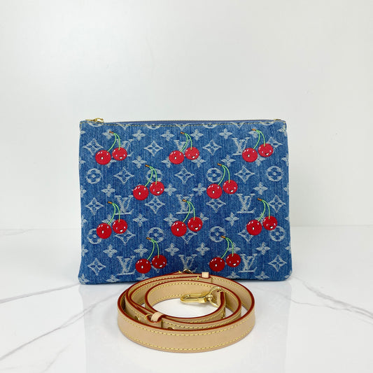 Louis Vuitton Murakami Cherry Coussin in Monogram denim with red cherry motifs and leather strap