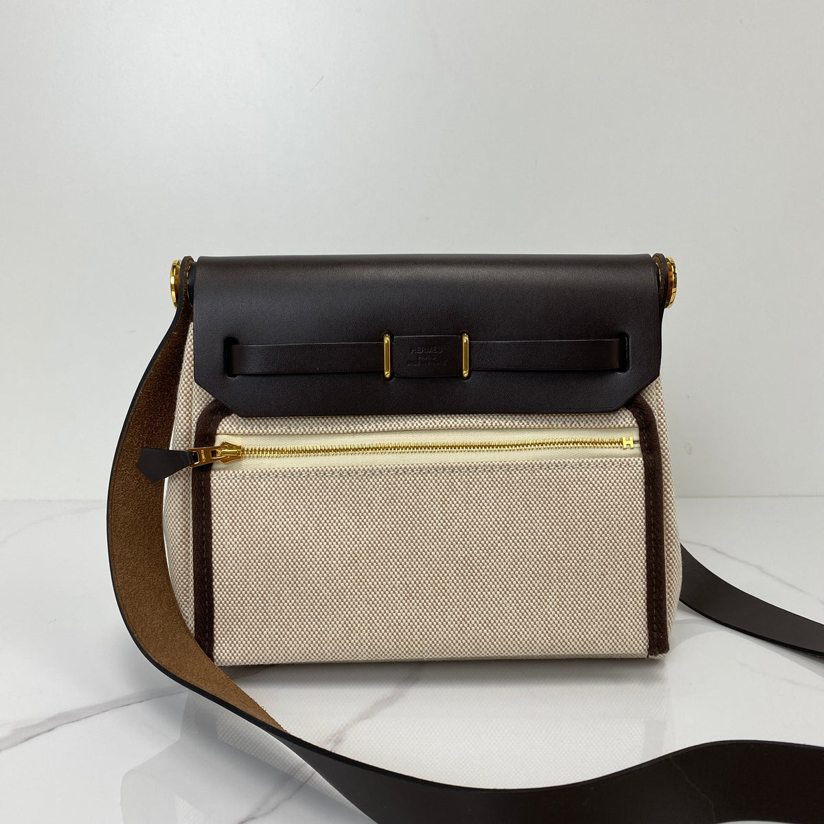 Hermès Mini Herbag, Ebene canvas and Swift calfskin, gold hardware — detail view 2