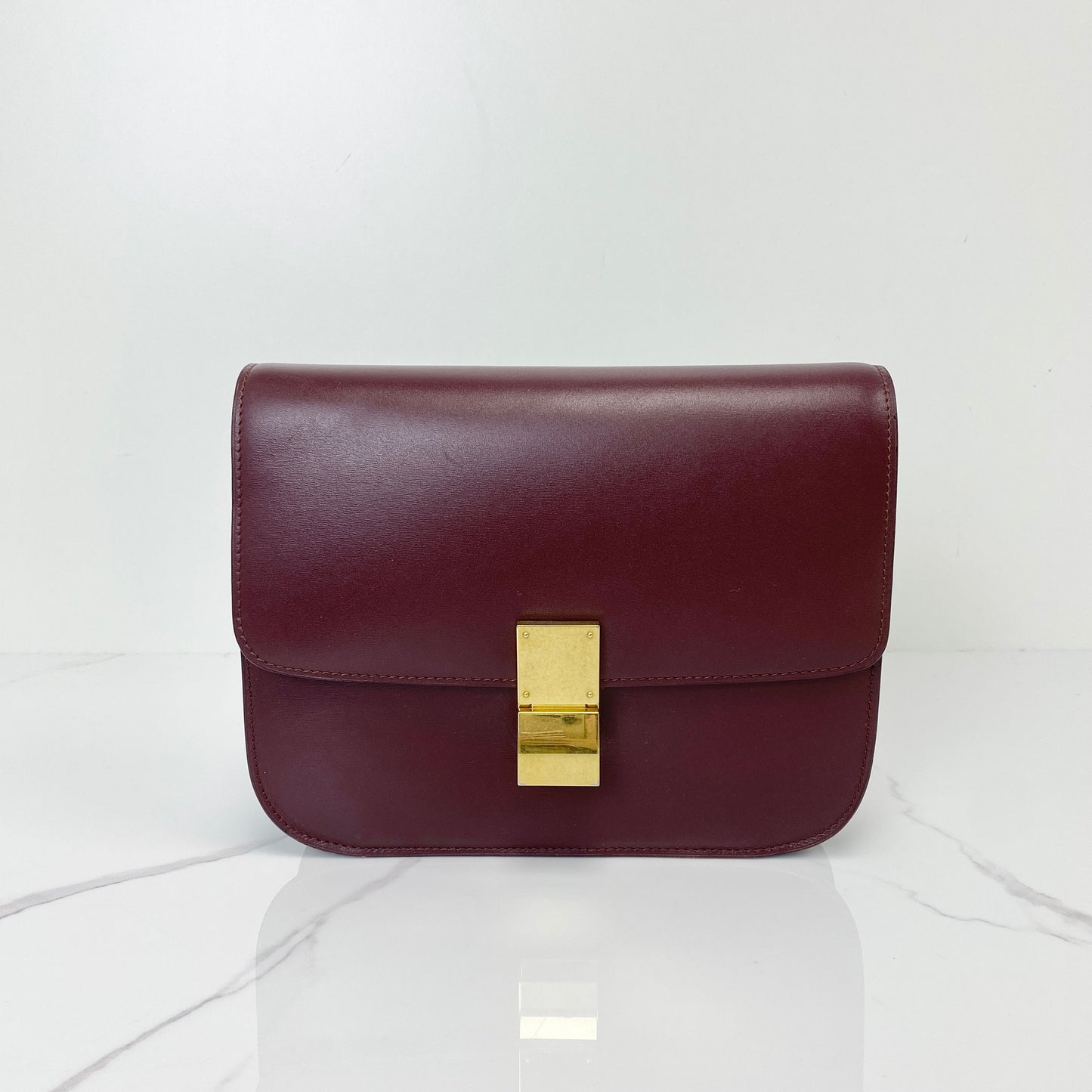 Celine Medium Classic Box bag in burgundy calfskin with gold-tone clasp
