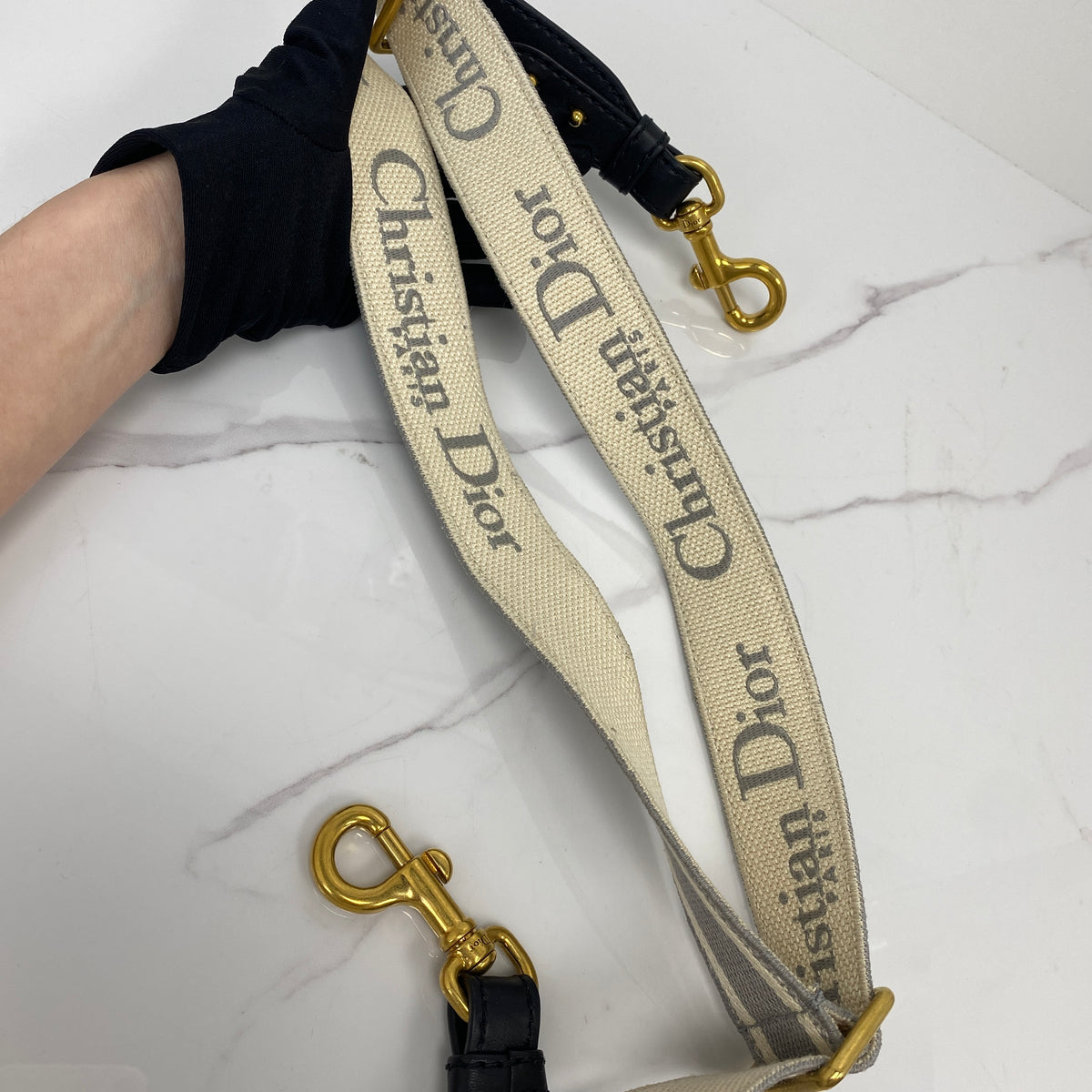 Christian Dior Adjustable Shoulder Strap With Ring Gray Embroidered Canvas, Gray / Cream Christian Dior Paris Embroidered Canvas and Calfskin, Antique Gold Finish Metal — detail view 5