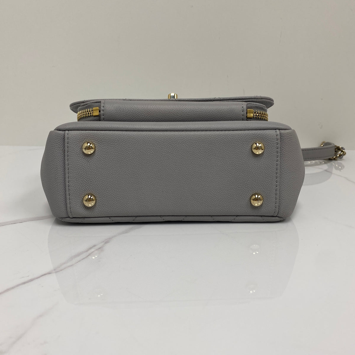 Chanel Small Business Affinity Top Handle, grey grained calfskin, gold-tone hardware — detail view 4
