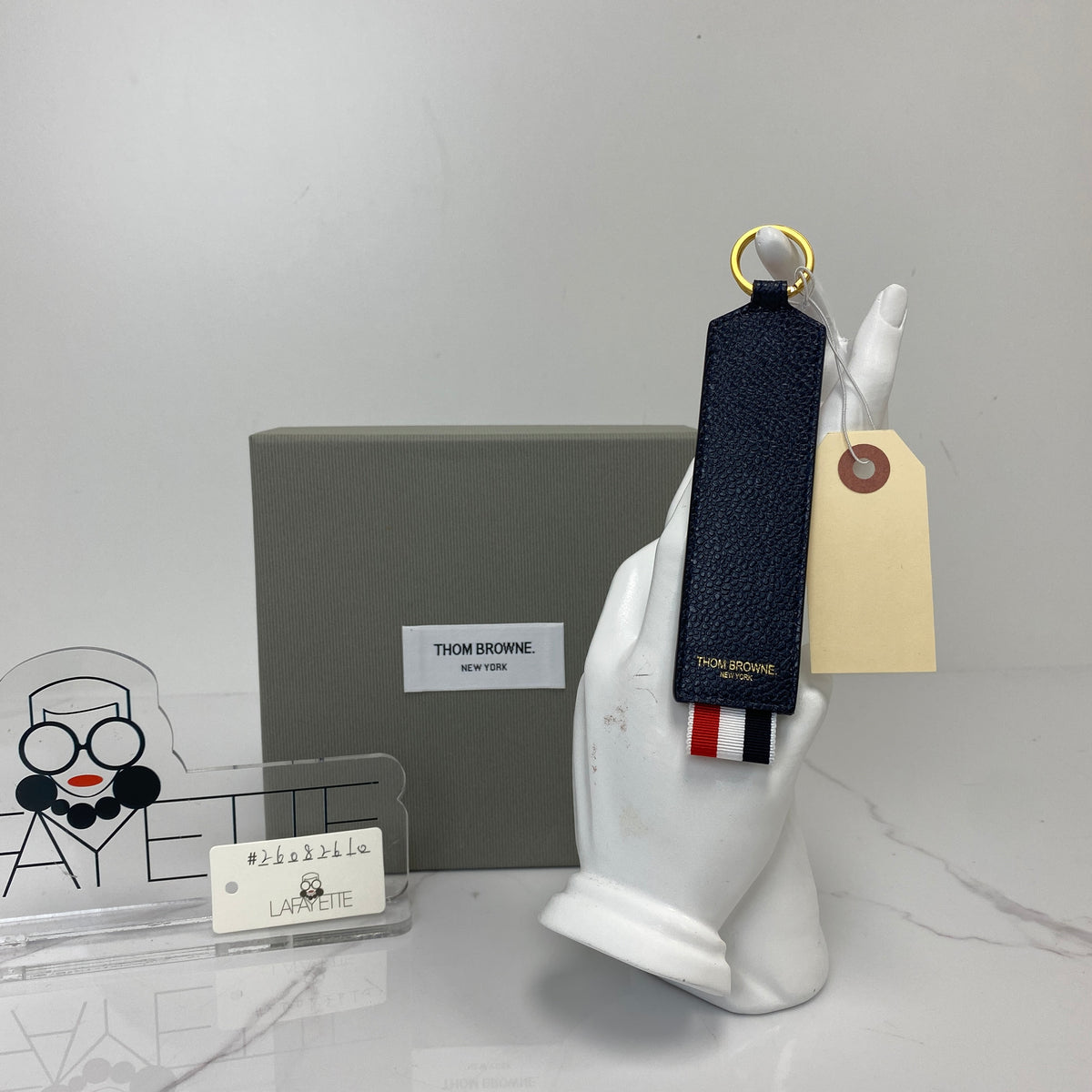 Thom Browne Key Ring, blue, white and red caviar calfskin, gold-tone ring — detail view 1