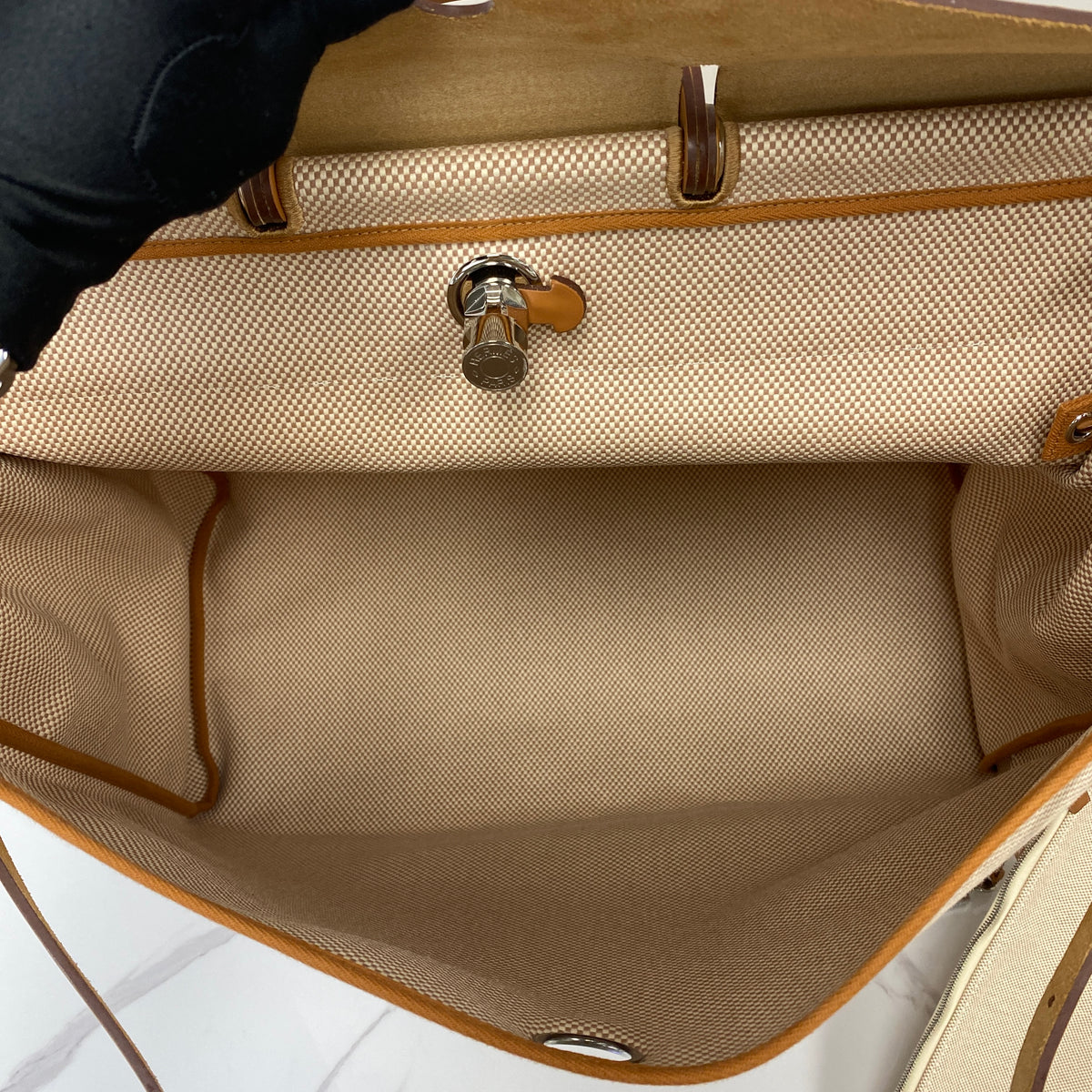 Hermès Herbag Zip Cabine Bag, ecru canvas and natural leather, palladium hardware — detail view 5