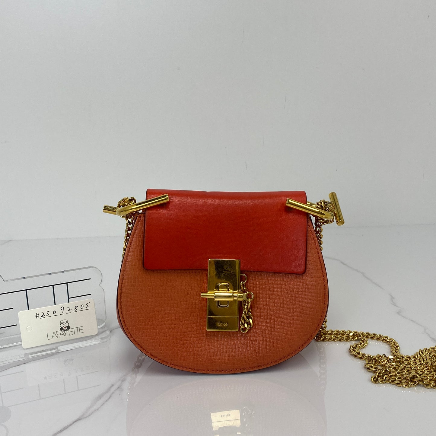 Chloé Nano Drew Bag, orange grained lambskin, gold-tone hardware — detail view 1