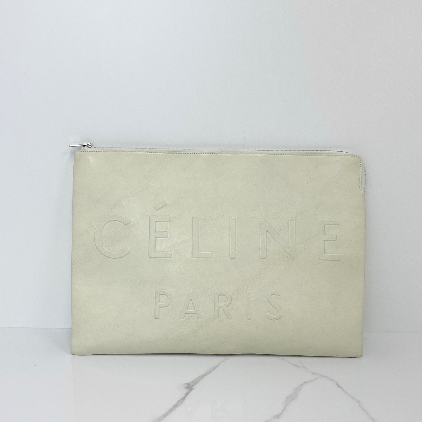 Celine Large Made In Pouch in white calfskin with debossed Celine Paris logo