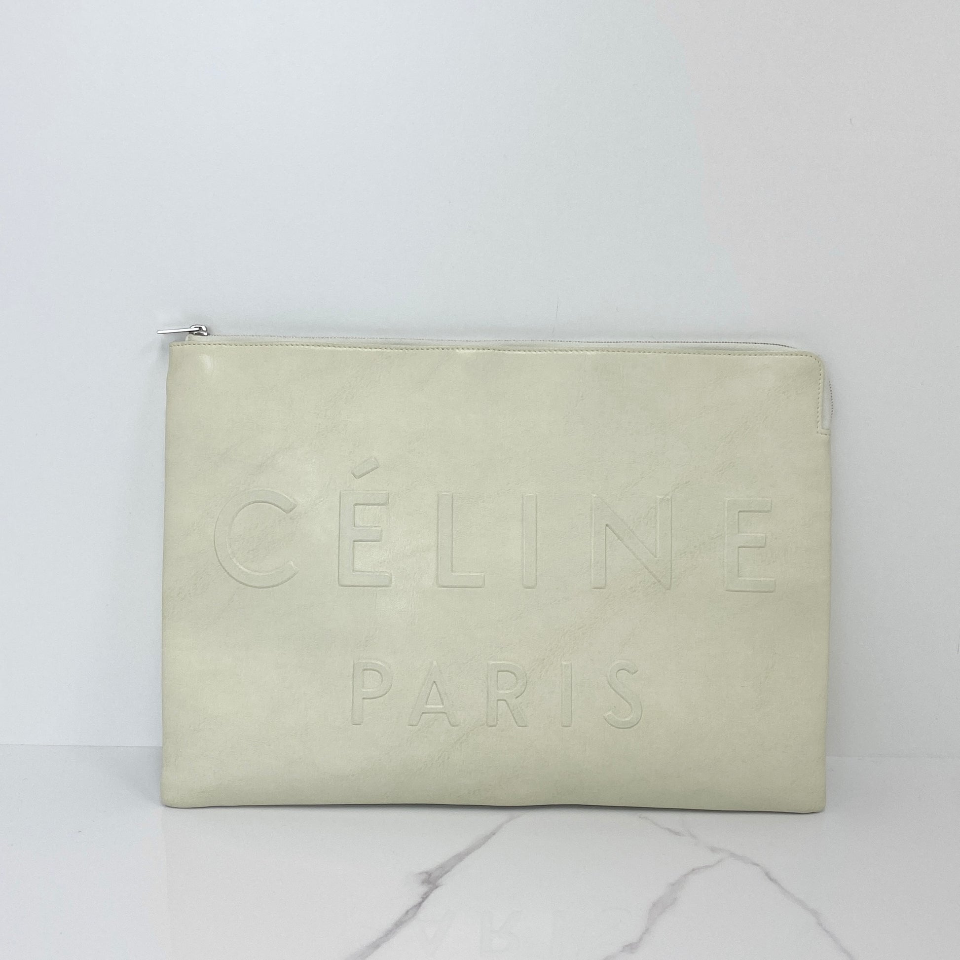 Celine Large Made In Pouch in white calfskin with debossed Celine Paris logo