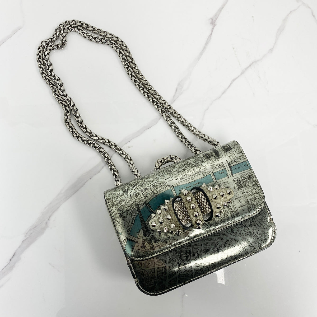 Christian Louboutin Sweet Charity Baby Paris Map Silver, Silver / Blue Patent Leather with Python Print Bow, Silver Tone — front view