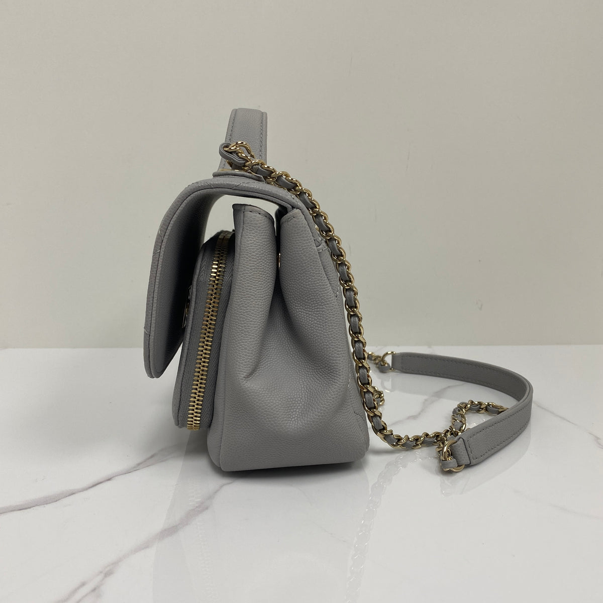 Chanel Small Business Affinity Top Handle, grey grained calfskin, gold-tone hardware — detail view 3