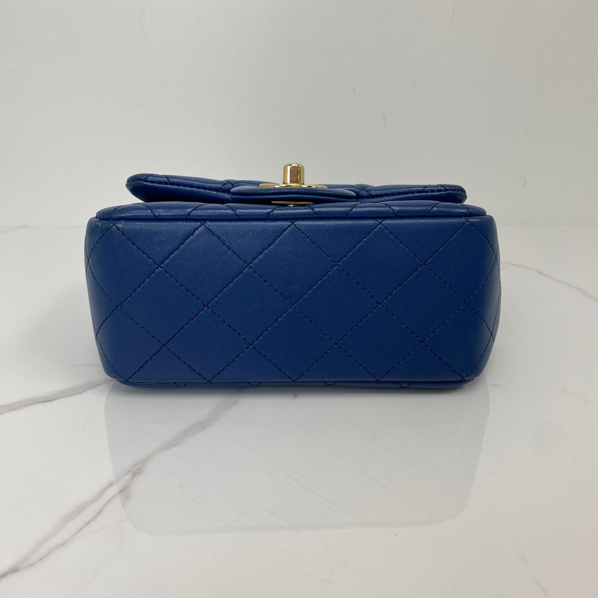 Chanel Classic Mini Square Flap Bag, blue lambskin, gold-tone hardware — detail view 4