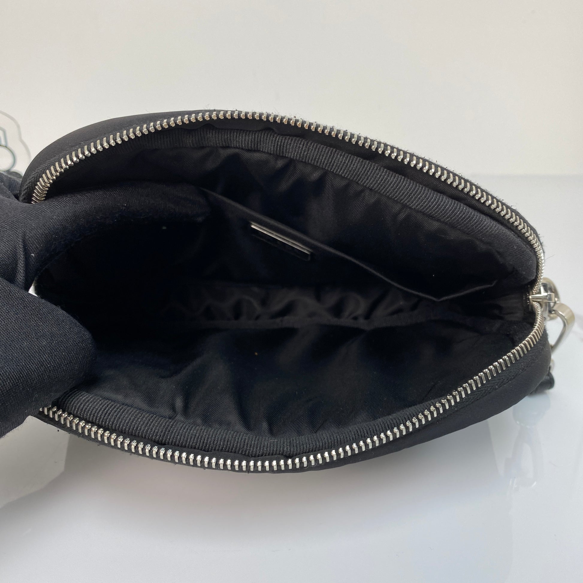 Prada Re-Nylon Pouch, black Re-Nylon, silver-tone hardware — detail view 6
