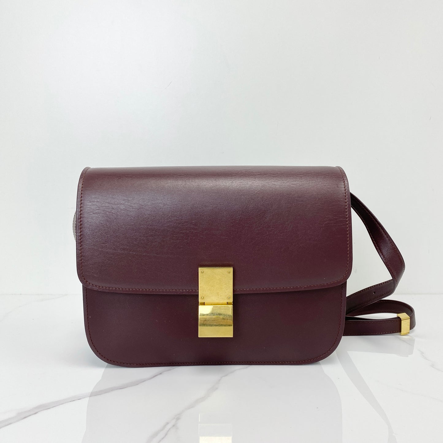 Celine Medium Box Bag in wine red calfskin with gold-tone clasp