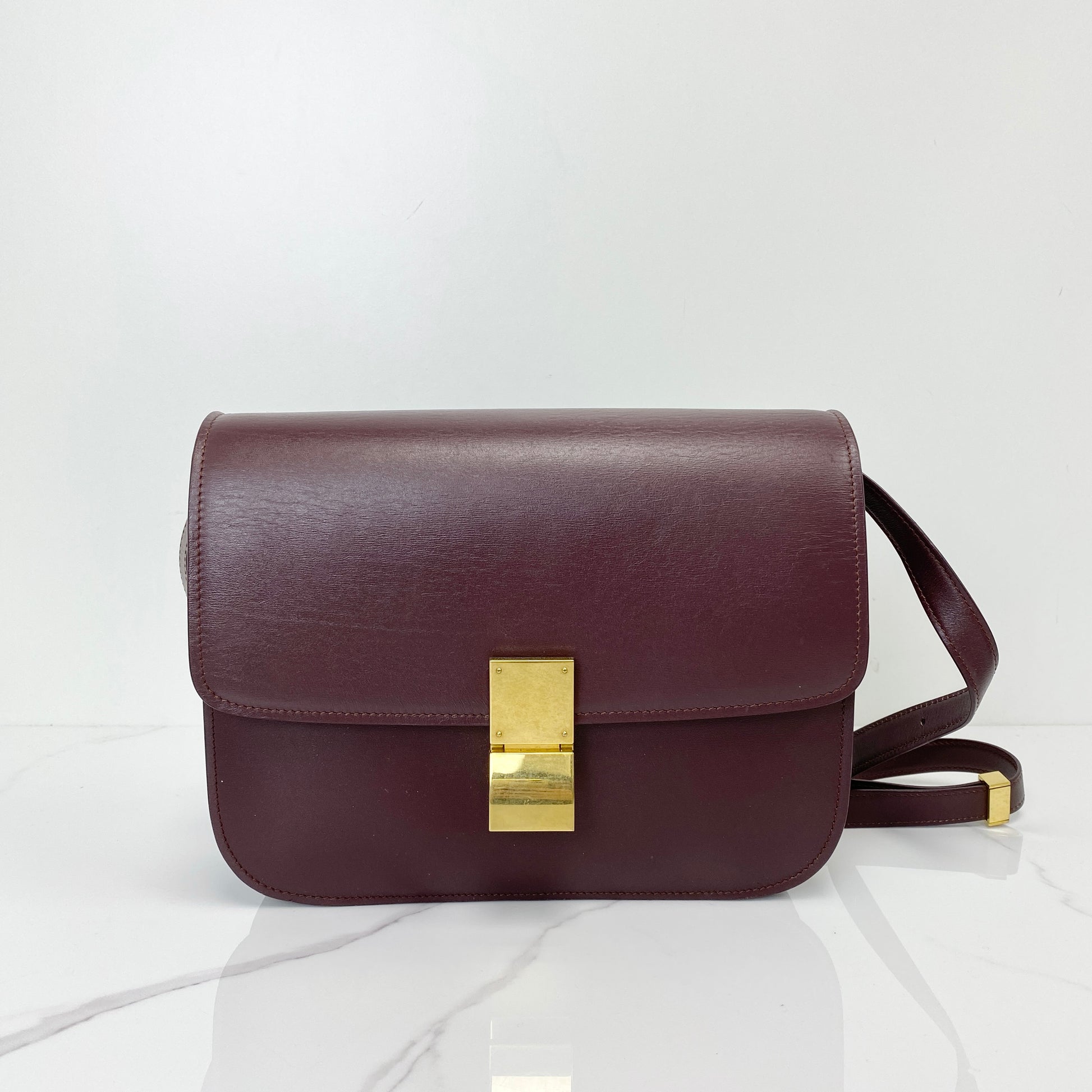 Celine Medium Box Bag in wine red calfskin with gold-tone clasp