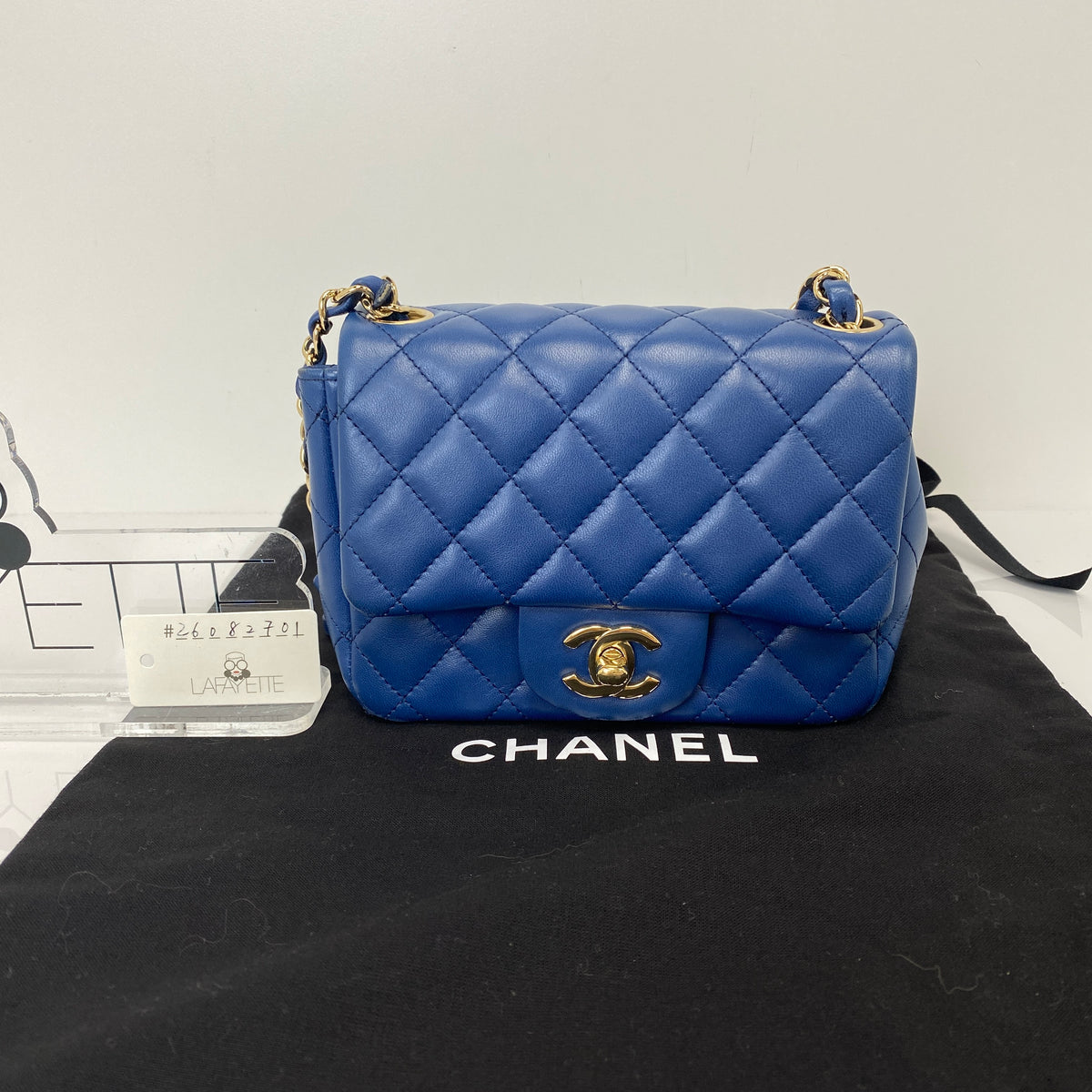 Chanel Classic Mini Square Flap Bag, blue lambskin, gold-tone hardware — detail view 1