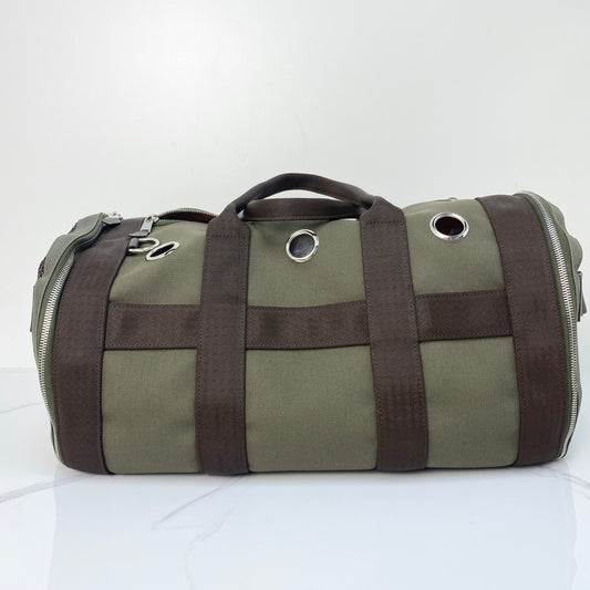 Hermès Carrying Bag for Dog, khaki and feu technical canvas, palladium hardware — front view