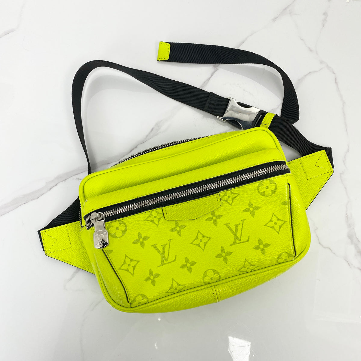 Louis Vuitton Outdoor Bumbag Monogram Taigarama Neon Yellow, Neon Yellow Monogram Coated Canvas and Taiga Leather, Silver Tone — front view