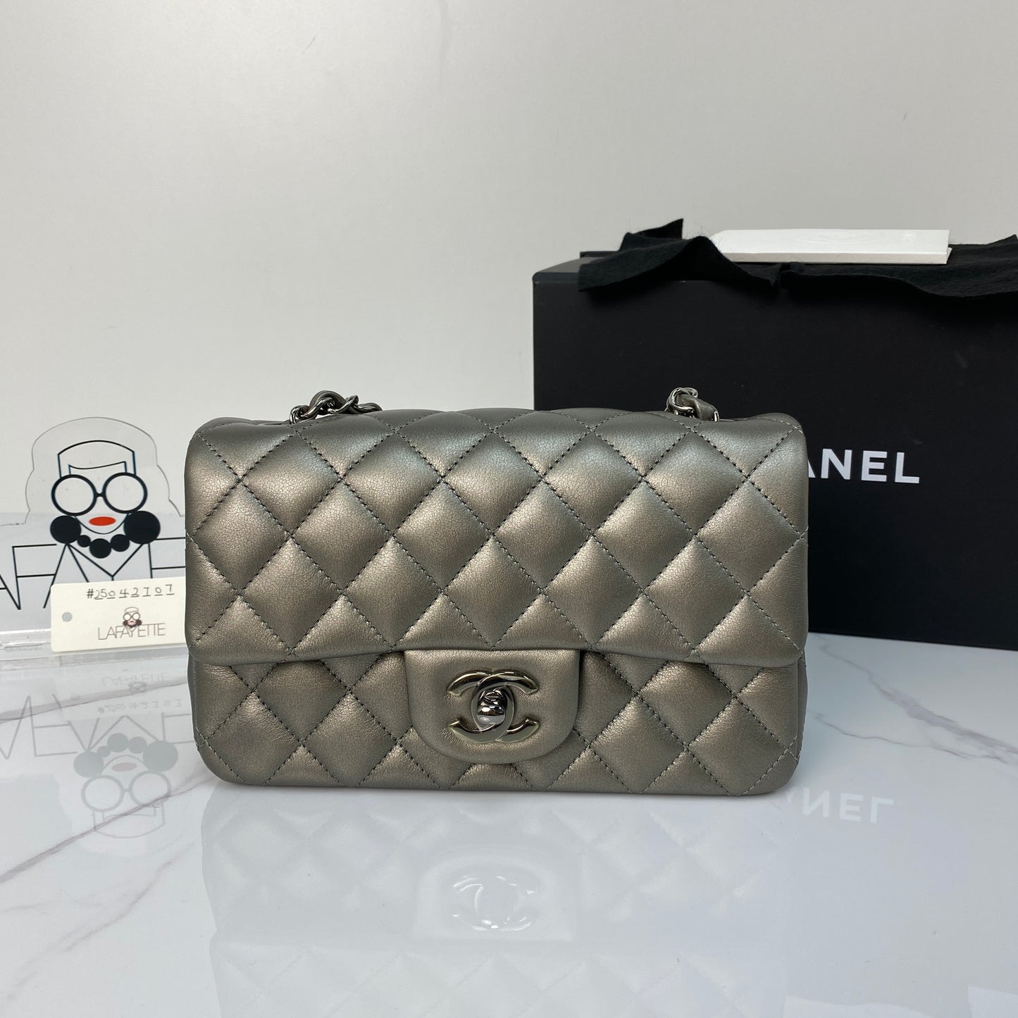 Chanel Mini Rectangular Flap, metallic grey goatskin, ruthenium hardware — detail view 1