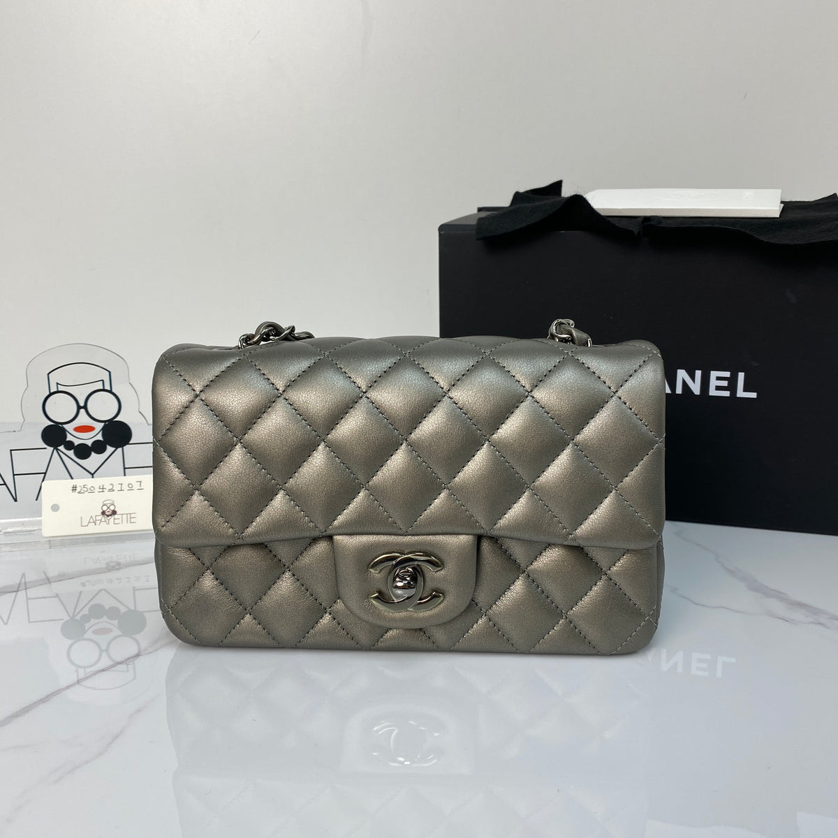 Chanel Mini Rectangular Flap, metallic grey goatskin, ruthenium hardware — detail view 1