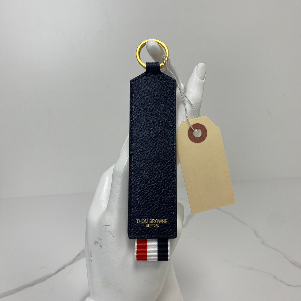 Thom Browne Key Ring, blue, white and red caviar calfskin, gold-tone ring — detail view 2