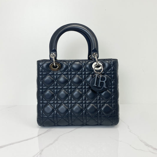 Christian Dior Medium Lady Dior, black Cannage lambskin, So Black hardware — front view