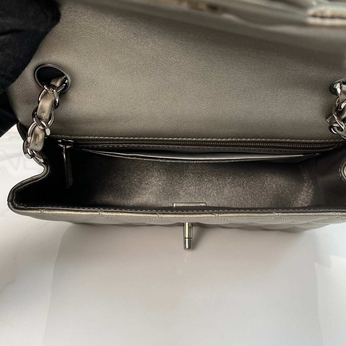Chanel Mini Rectangular Flap, metallic grey goatskin, ruthenium hardware — detail view 6
