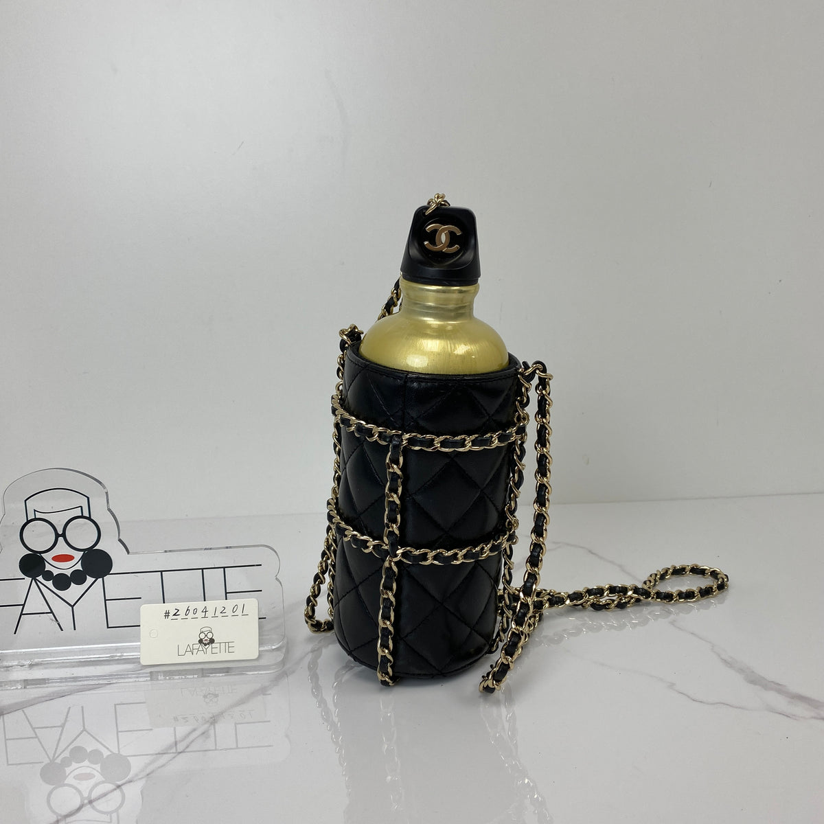 Chanel 2019 CC Water Bottle with Chain, black quilted lambskin, gold-tone chain — detail view 1