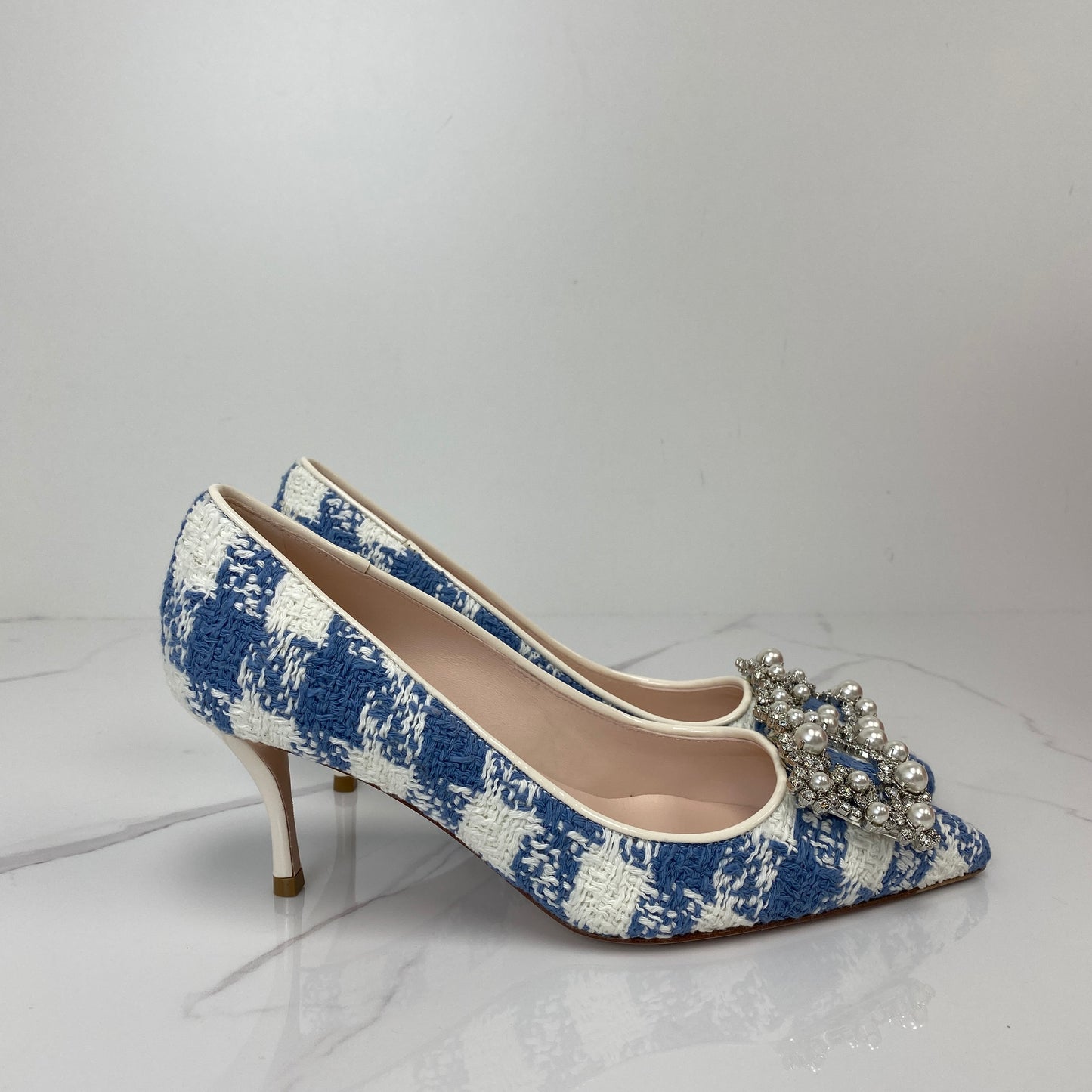 Roger Vivier Flower Strass Pumps, blue and white tweed, crystal buckle — detail view 2