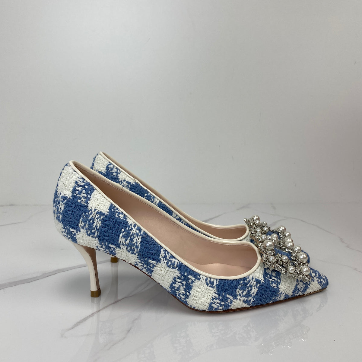 Roger Vivier Flower Strass Pumps, blue and white tweed, crystal buckle — detail view 2